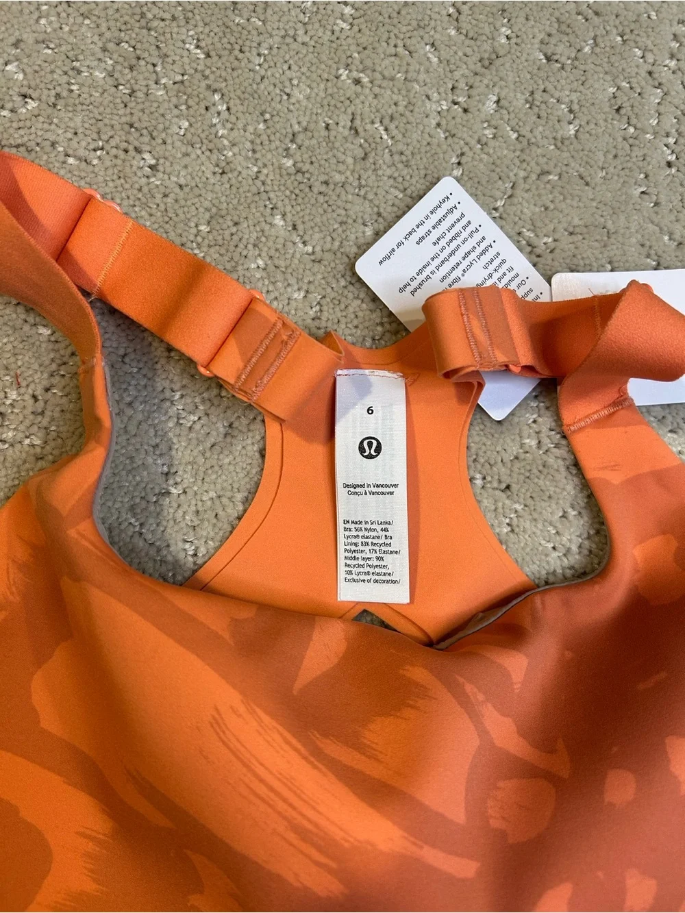lululemon Ultralu Square-Neck Sports Bra B/C Size 6 Orange Camo Medium Support